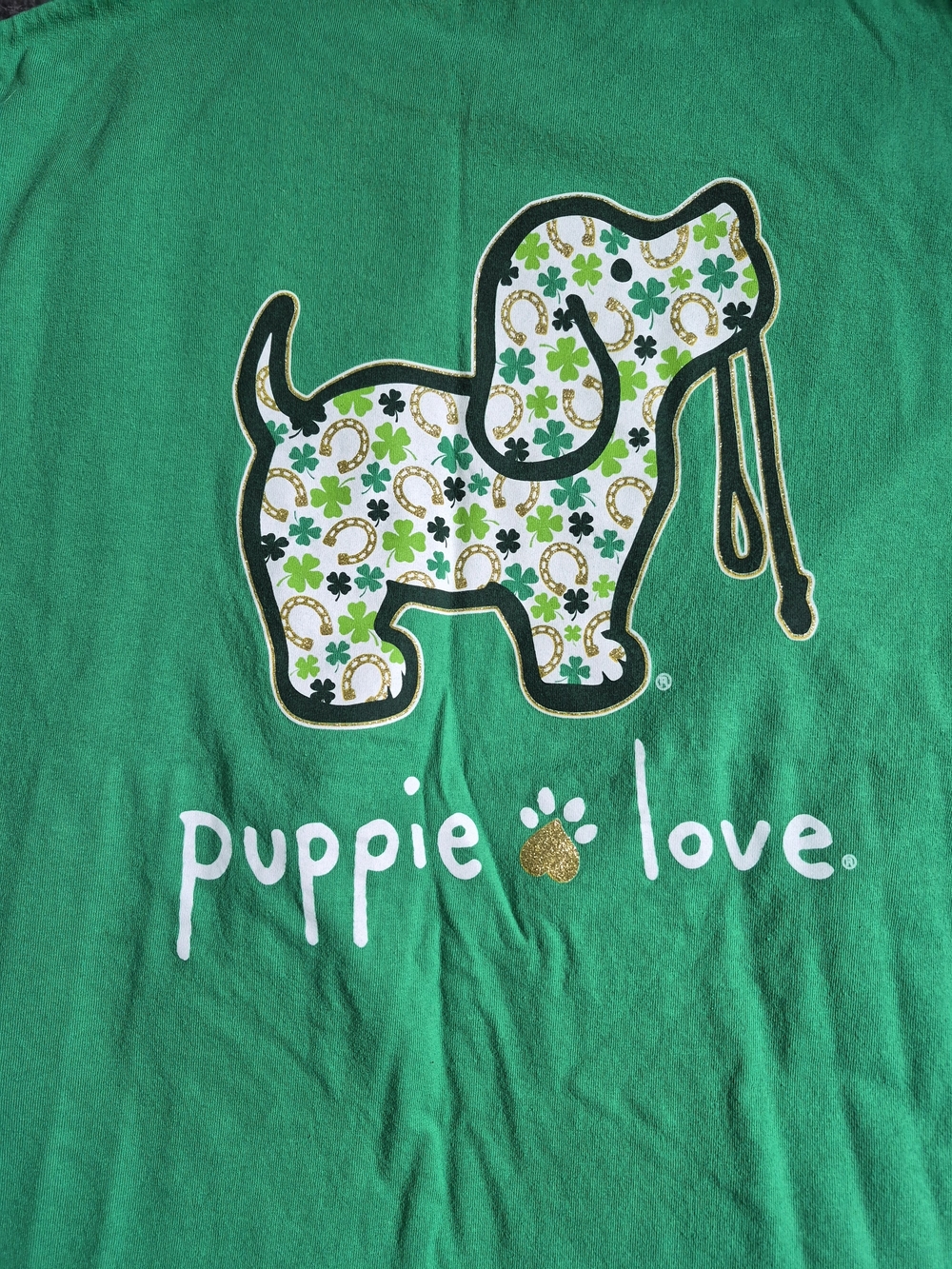 Puppie Love Green Graphic Dog Tee with Gold Accent